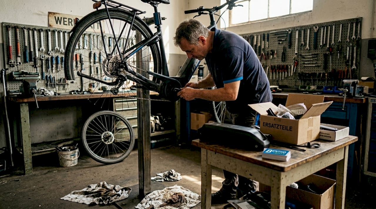 In der Werkstatt nimmt sich ein Mechaniker gerade ein E-Bike zur Reparatur vor.