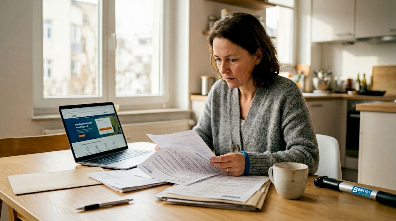 Eine Frau sitzt in ihrem Wohnzimmer und geht ihre Versicherungsunterlagen durch.
