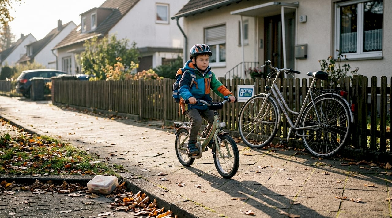 Ein Grundschulkind fährt morgens alleine mit dem Fahrrad zur Schule.