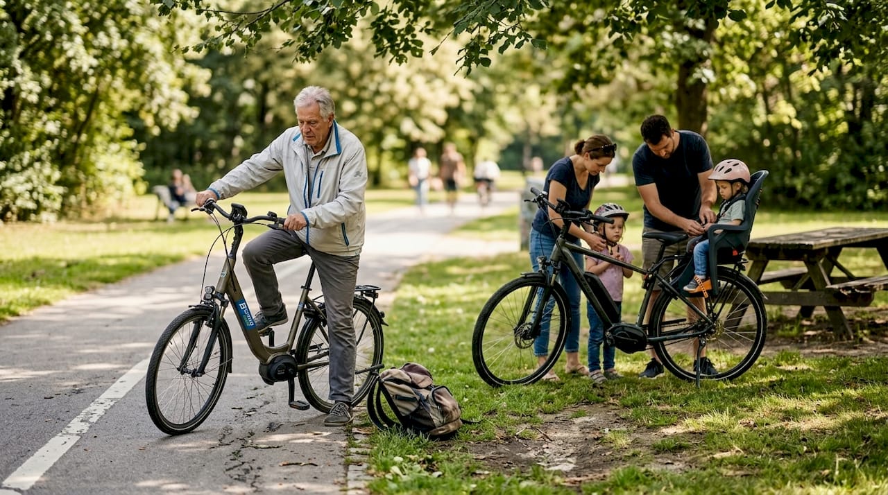 Ein Senior und seine Familie machen ihre E-Bikes startklar für eine gemeinsame Tour im Park.
