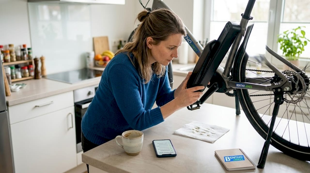 Eine Frau kontrolliert den Akku ihres E-Bikes zuhause.
