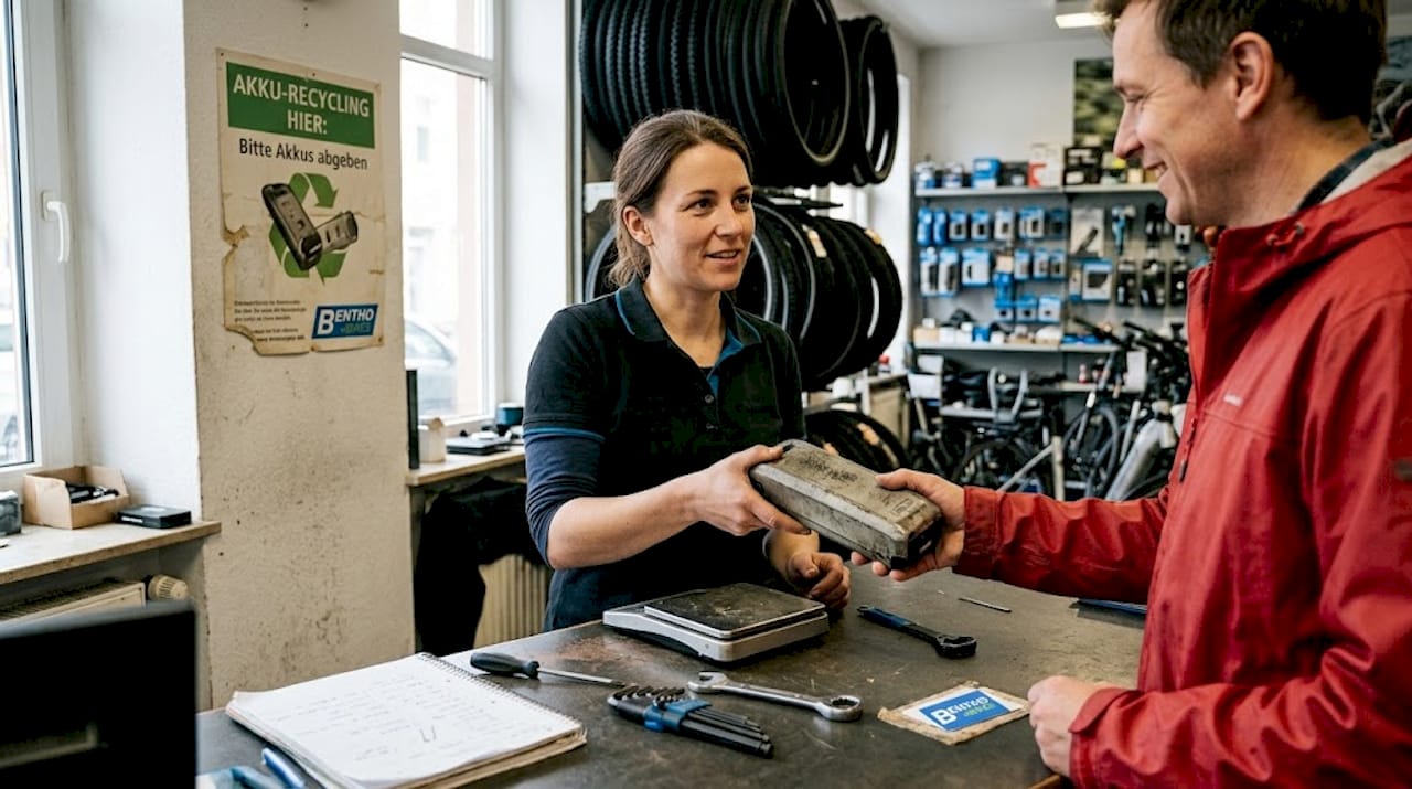 Ein Mitarbeiter im Geschäft nimmt eine gebrauchte E-Bike-Batterie entgegen.