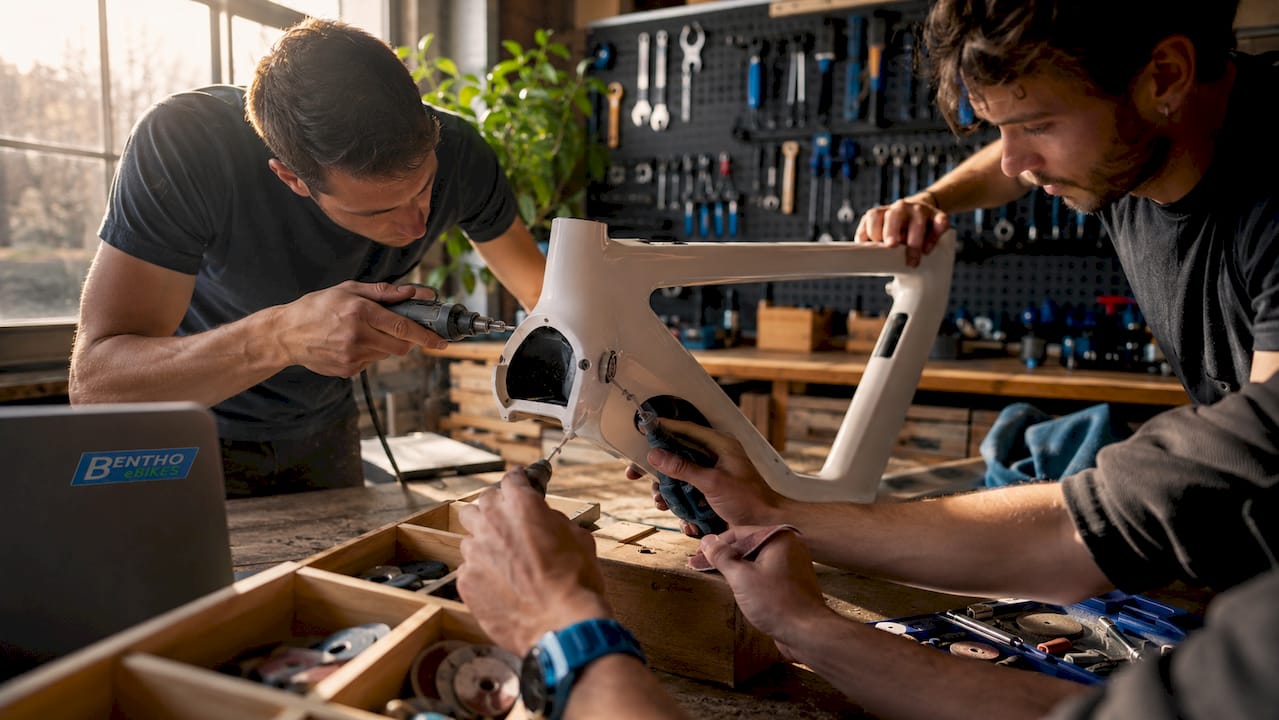 Detailarbeit am Carbonrahmen eines E-Bikes – präzise Handarbeit aus nächster Nähe