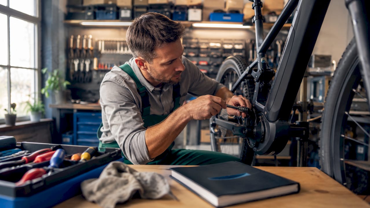 In einer gut ausgestatteten Werkstatt bringt ein erfahrener Mechaniker den E-Bike-Motor wieder auf Vordermann.