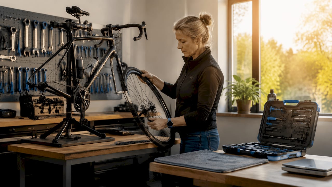 Im Keller nimmt eine Frau das Laufrad von ihrem Fahrrad ab.