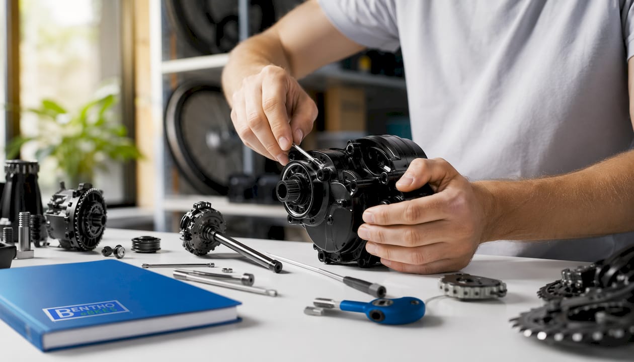 In der Werkstatt nimmt ein Mechaniker die Feinabstimmung des Mittelmotors eines E-Bikes vor.
