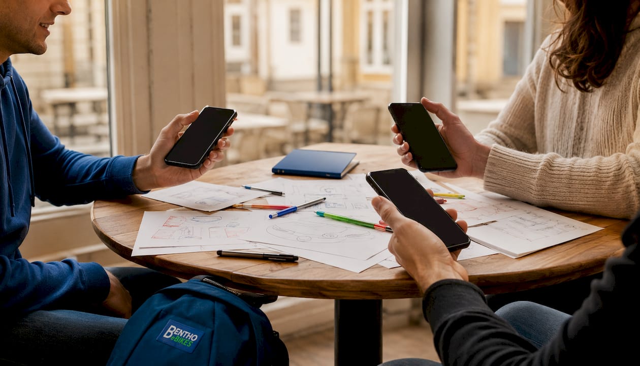 Drei Personen sitzen im Coworking-Space und haben ihre Smartphones auf dem Tisch liegen.