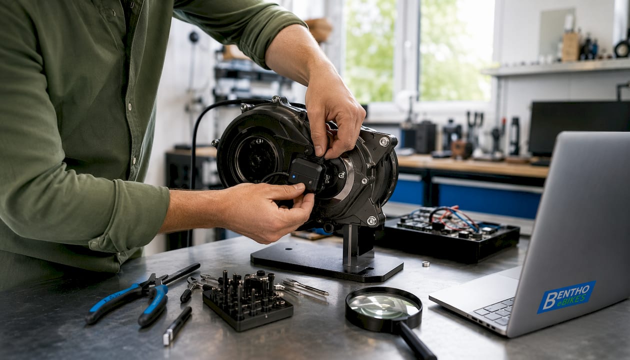Ein Servicetechniker rüstet den E-Bike-Motor mit einem Bluetooth-Sensor aus.