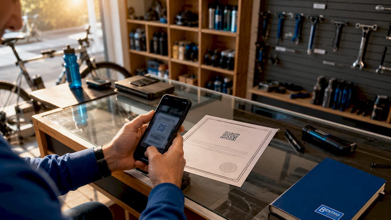 Mit den Händen wird der QR-Code auf dem Bosch-Zertifikat eingescannt.