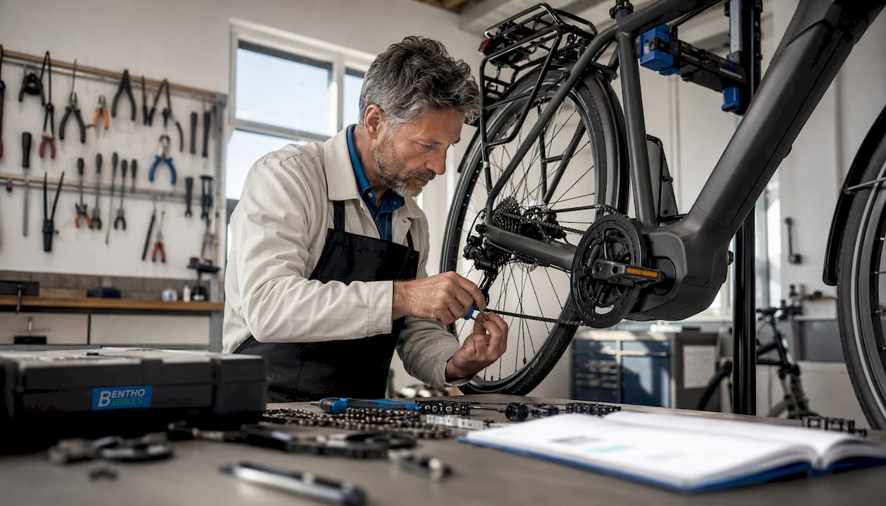 Ein Fachmann überprüft und wartet ein E-Bike in der Werkstatt.