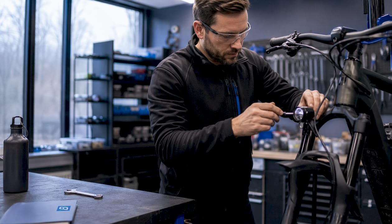Ein Fachmann bringt den Scheinwerfer eines E-Bikes wieder richtig in Position.