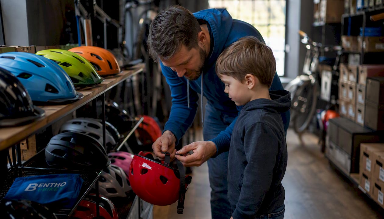 Vater probiert den Helmriemen für Kinder direkt im Laden aus