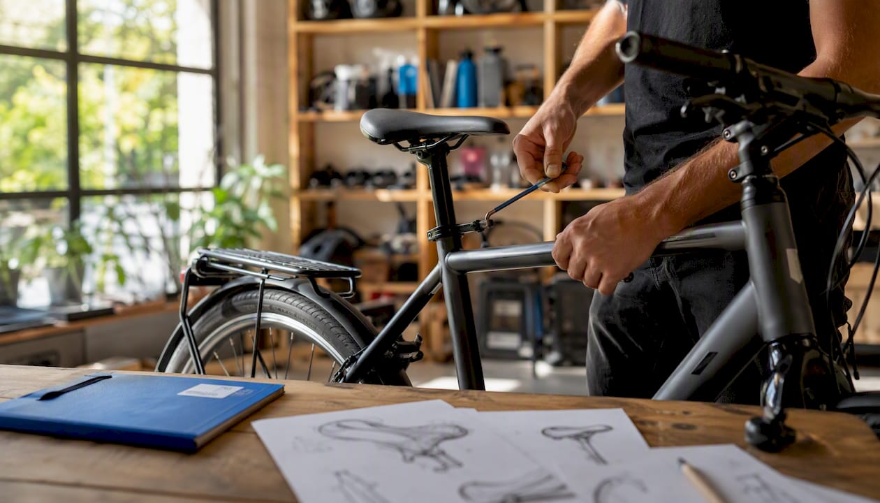 In der Nahaufnahme stellt eine Hand den Fahrradsattel zu Hause ein.