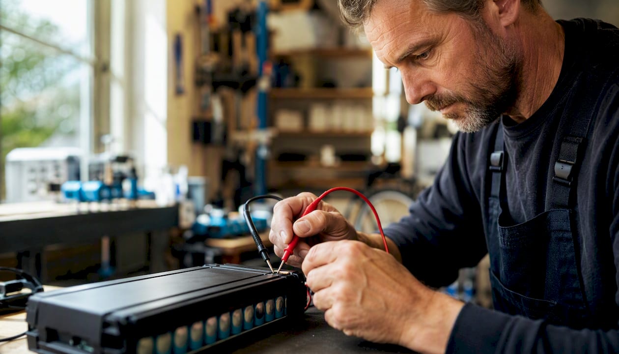 Die Spannung des E-Bike-Akkus von Hand mit einem Multimeter messen