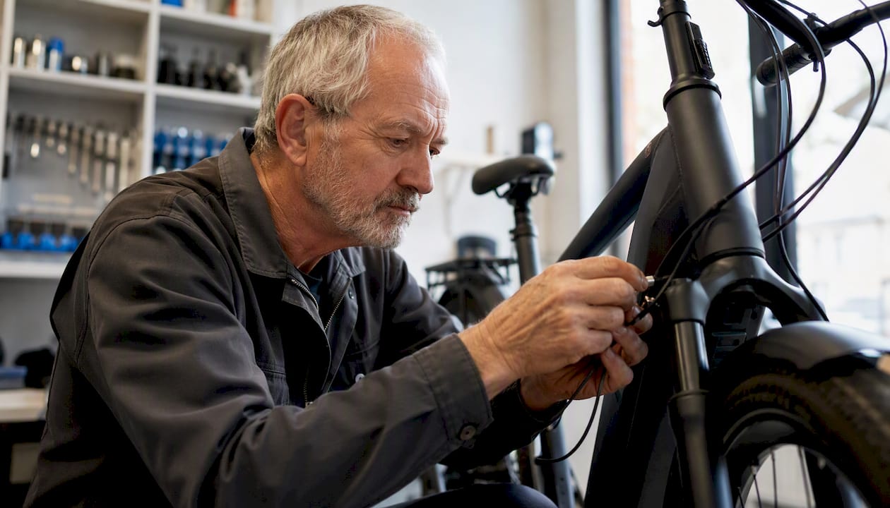 Ein Techniker stellt das Bremskabel eines E-Bikes fachgerecht ein.