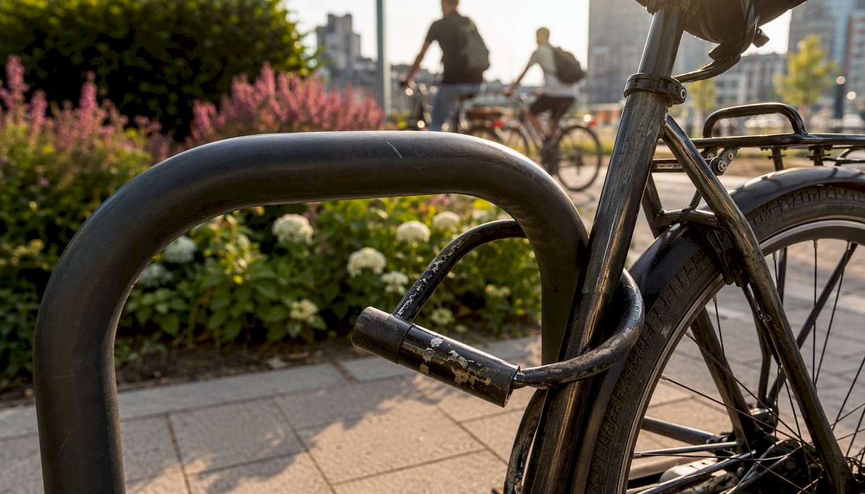 Ein Fahrrad mit einem Bügelschloss gesichert – ein alltäglicher Anblick in unseren Städten.
