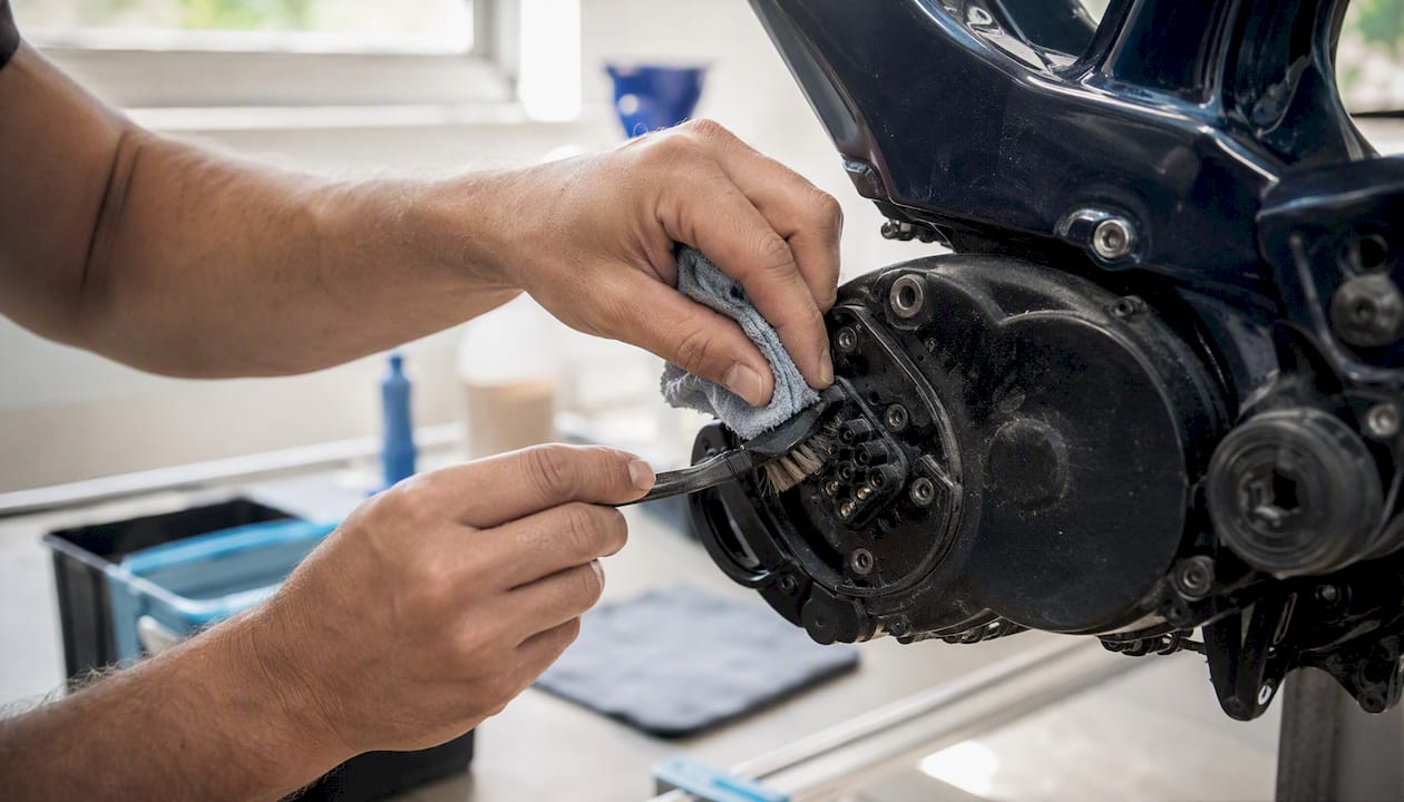 Mit den Händen werden die elektrischen Steckverbindungen am E-Bike-Motor sorgfältig gereinigt.