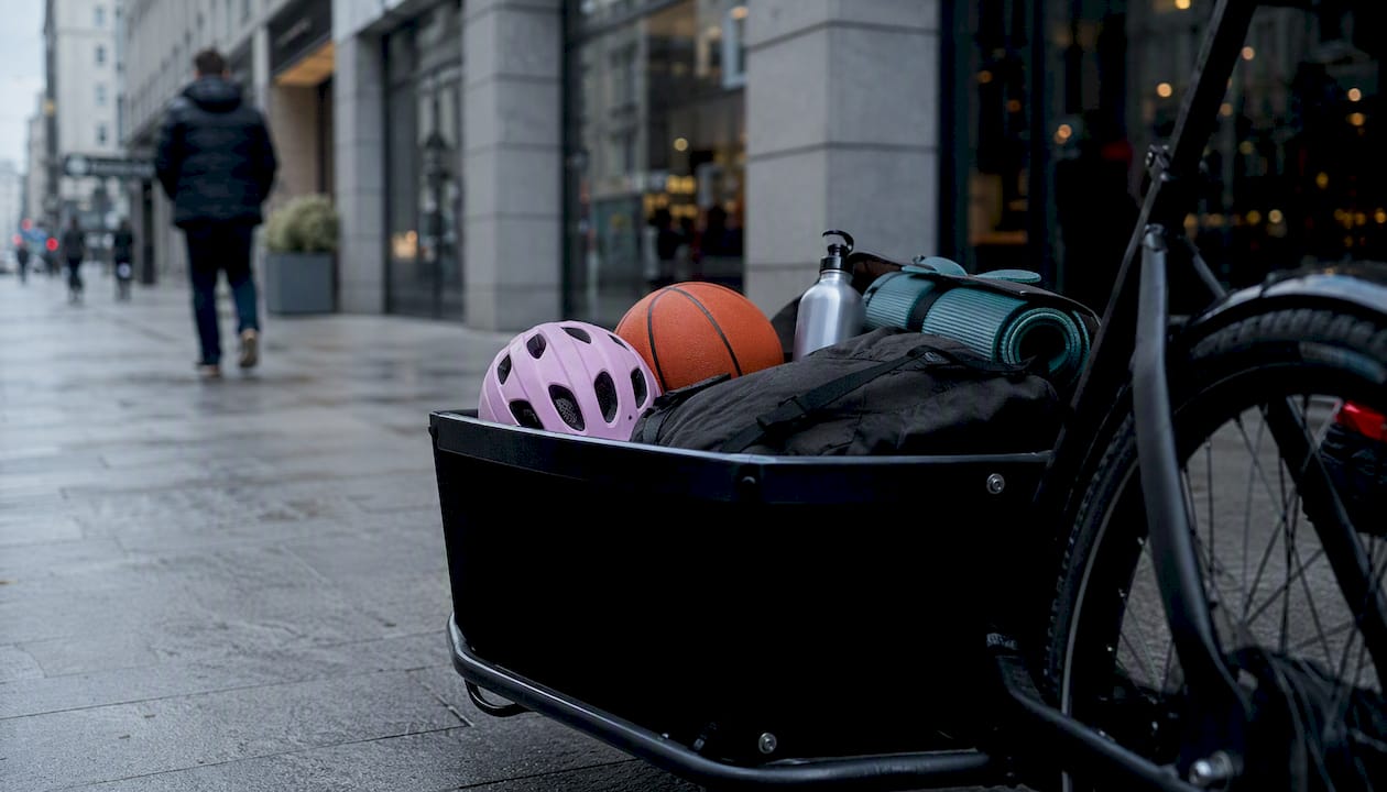 Ein voll beladenes Lastenrad steht am Straßenrand.