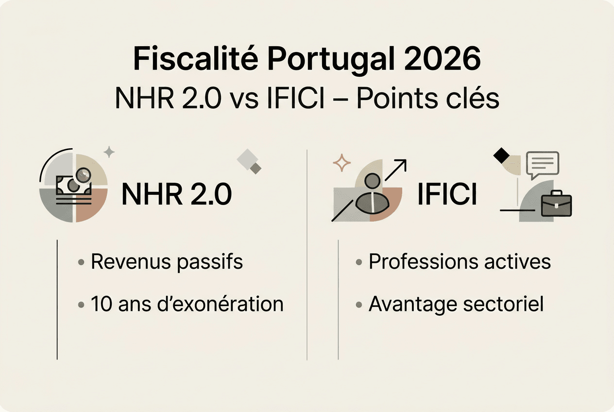 Comparatif en infographie entre le régime NHR 2.0 et l’IFICI au Portugal