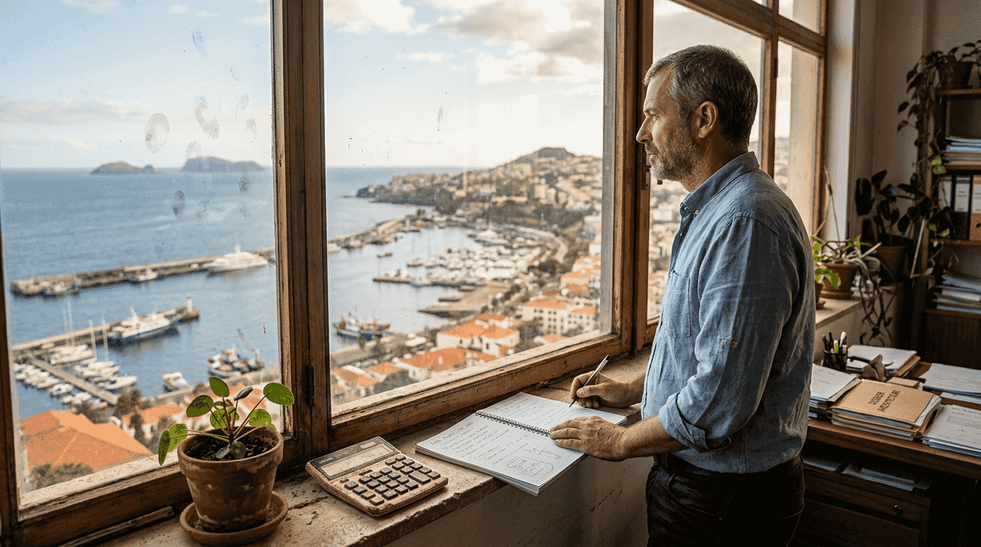 Depuis son bureau, un homme admire la vue imprenable sur la baie de Funchal.