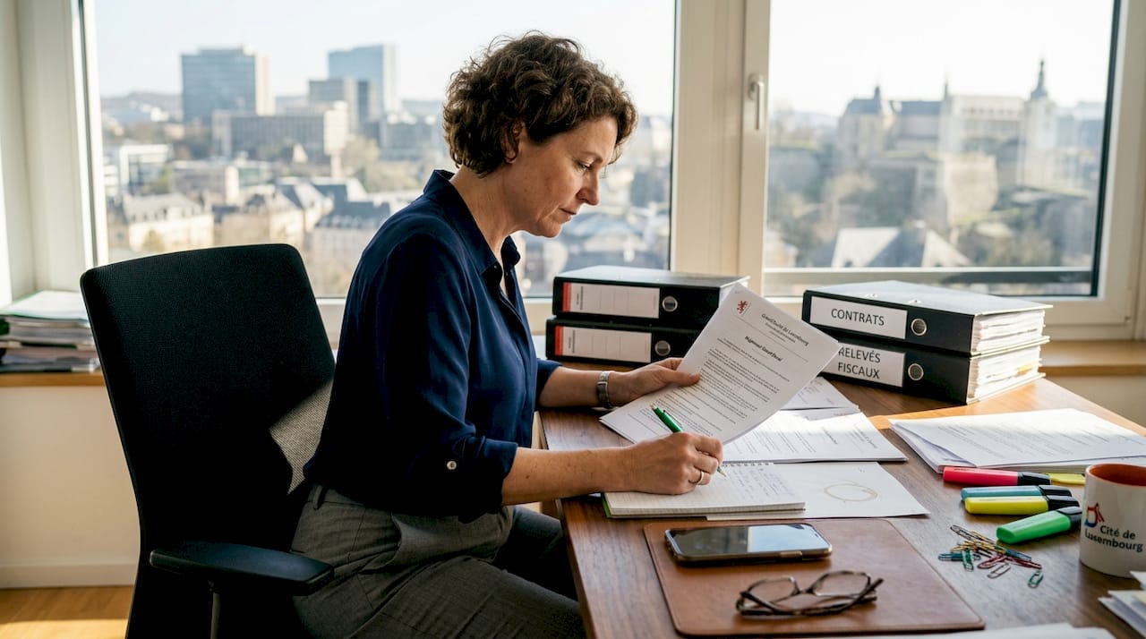 Une femme passe en revue les documents administratifs de sa société holding.