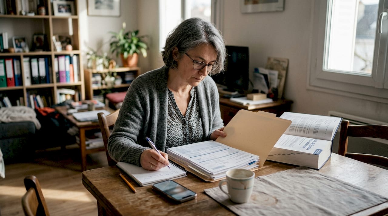 Une femme examine attentivement les documents liés à la propriété et à la fiscalité.