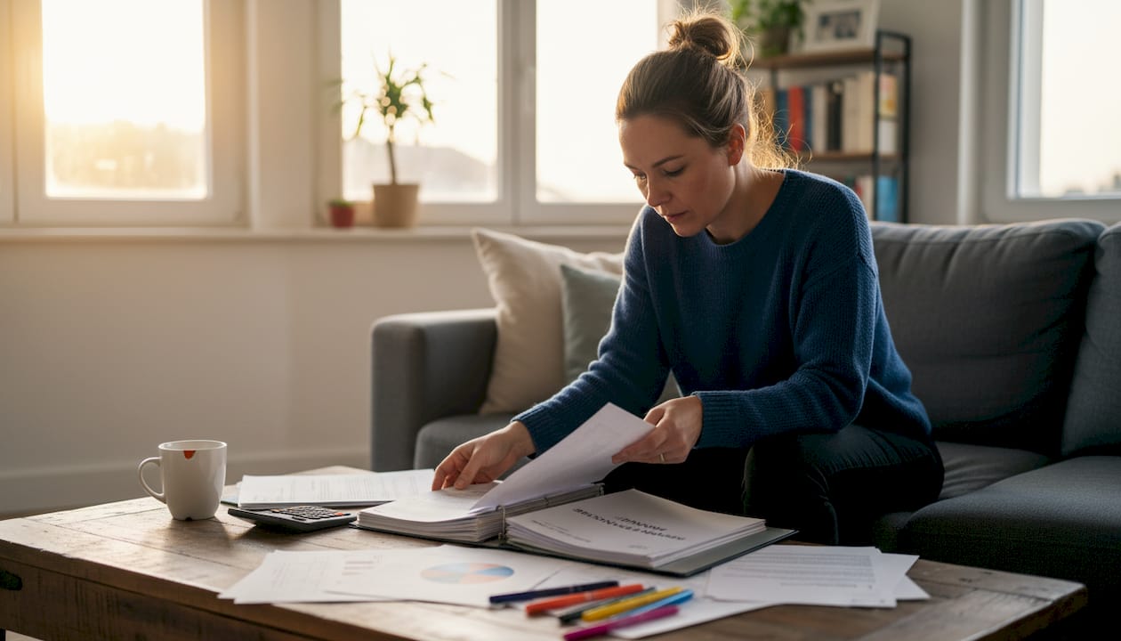 Une femme passe en revue les documents financiers d’expatriés.