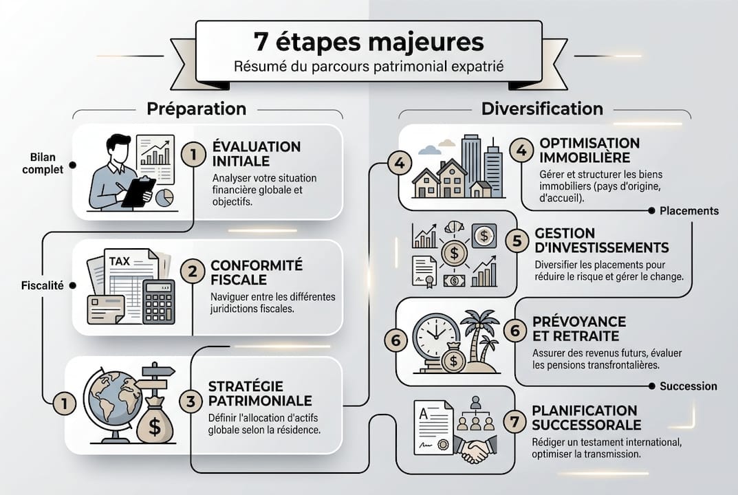 Les grandes étapes pour gérer efficacement son patrimoine lorsqu’on vit à l’étranger : infographie pratique