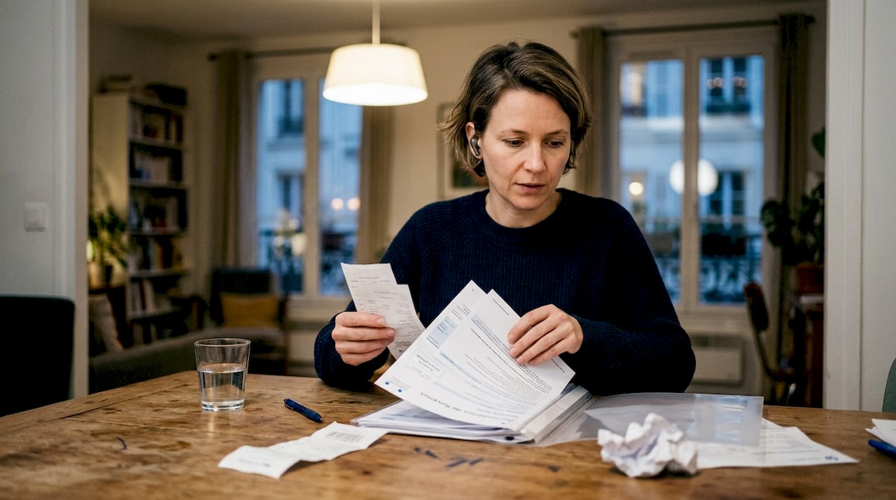 Une femme en train de classer ses papiers administratifs chez elle