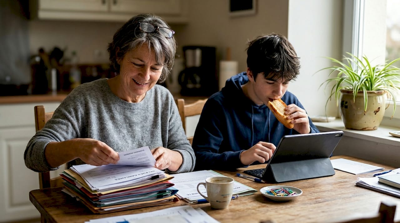 Une mère et son fils trient ensemble leurs papiers administratifs autour de la table du salon.