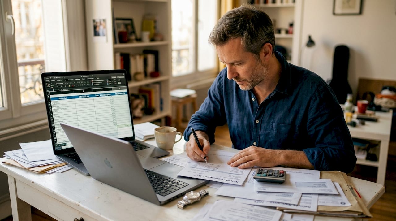 Un expatrié passe en revue sa situation fiscale depuis son bureau à domicile.