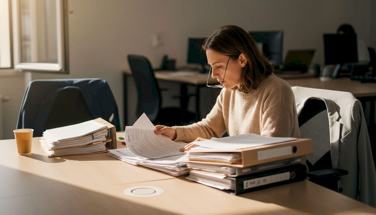 Une femme examine attentivement des contrats liés à la gestion d’une holding familiale.