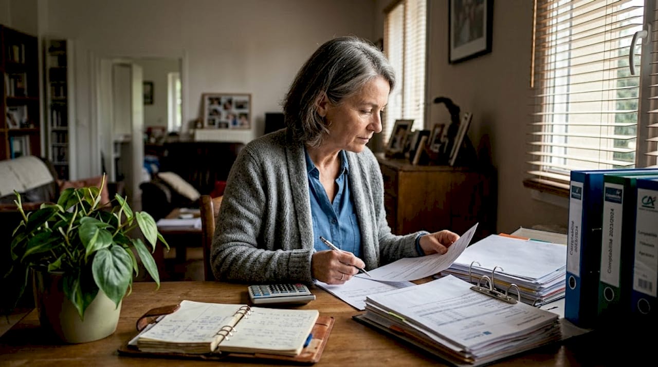 Une femme trie et classe ses papiers pour préparer sa retraite et faire le point sur son patrimoine.