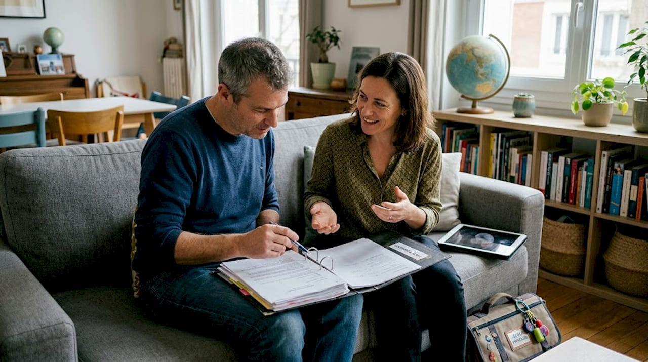 Un couple d’expatriés prend le temps d’examiner ensemble leurs contrats d’assurance.