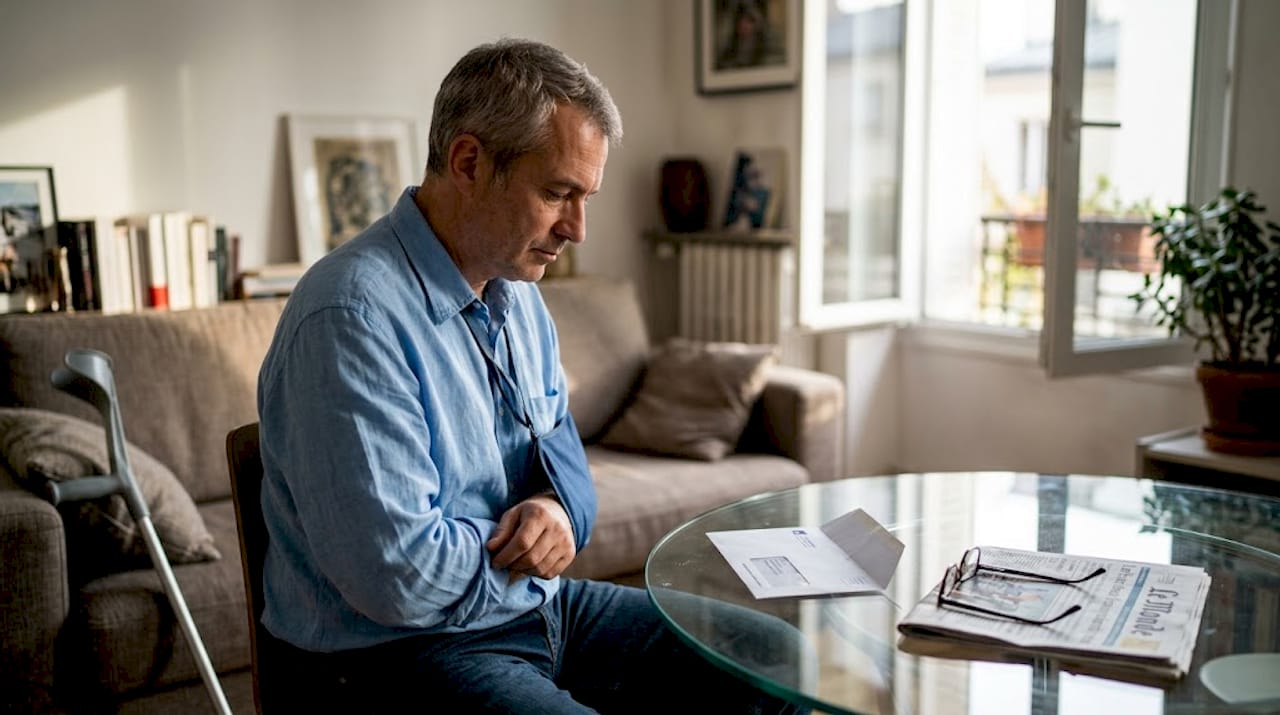 Un expatrié, le bras en écharpe, en train de consulter ses garanties d’assurance.