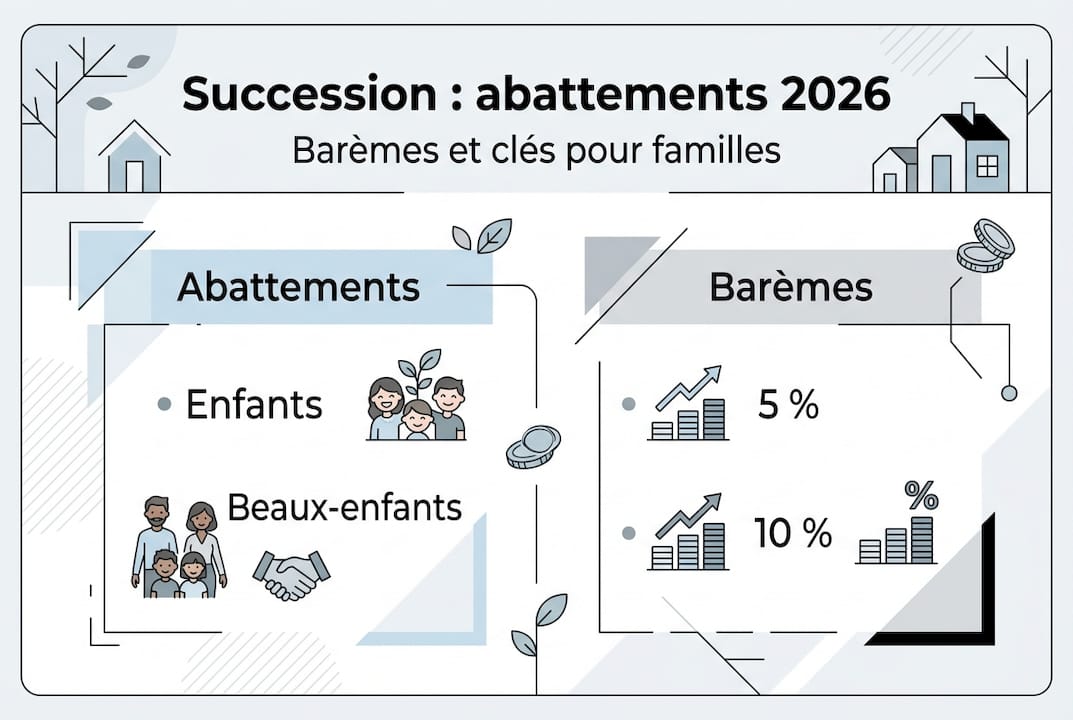Tout ce qu’il faut savoir sur les abattements et les barèmes des droits de succession en 2026, présenté en infographie