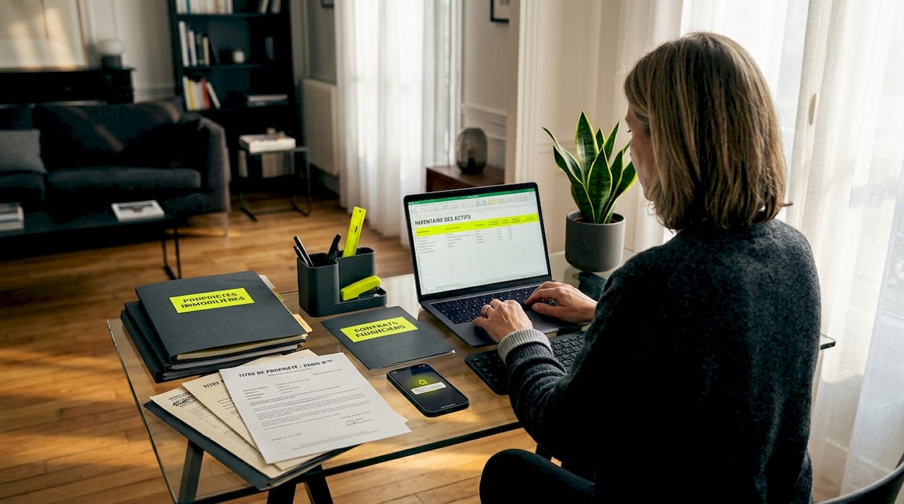 Une femme fait l’inventaire de ses biens, installée à son bureau à la maison.
