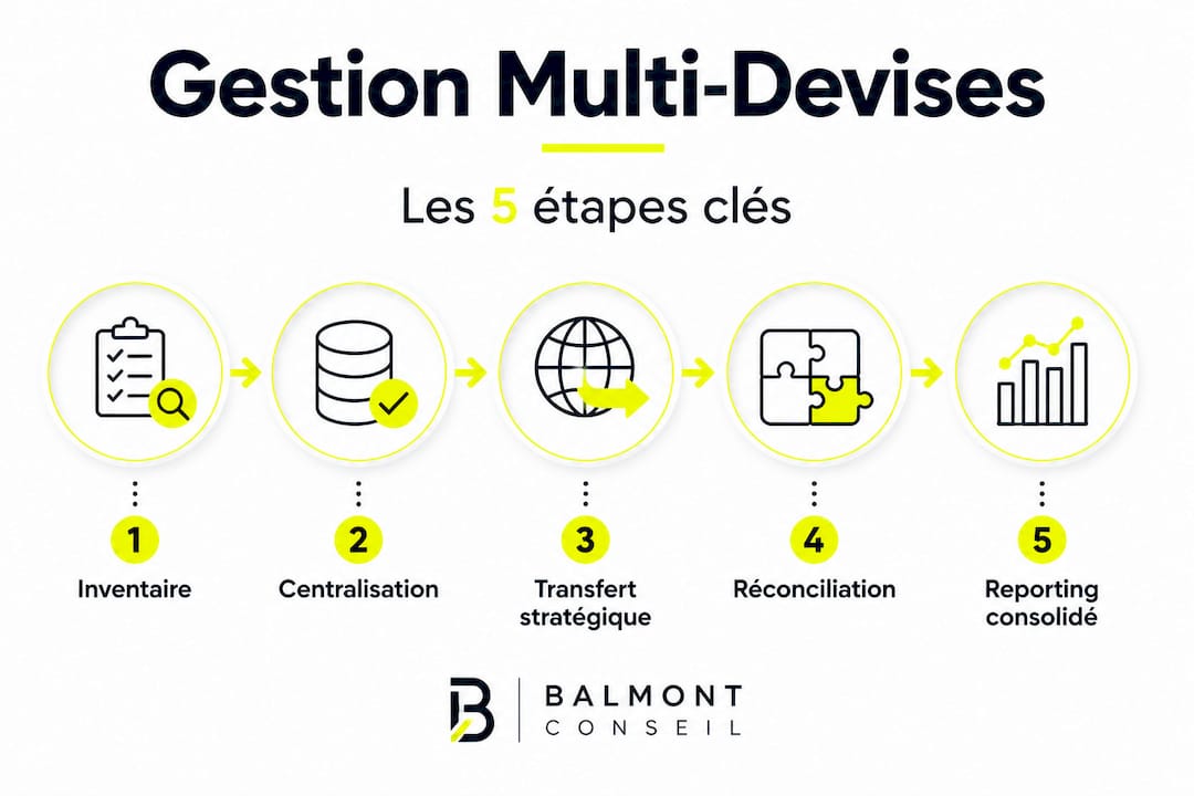 Infographie : les différentes étapes pour gérer efficacement plusieurs devises quand on vit à l’étranger