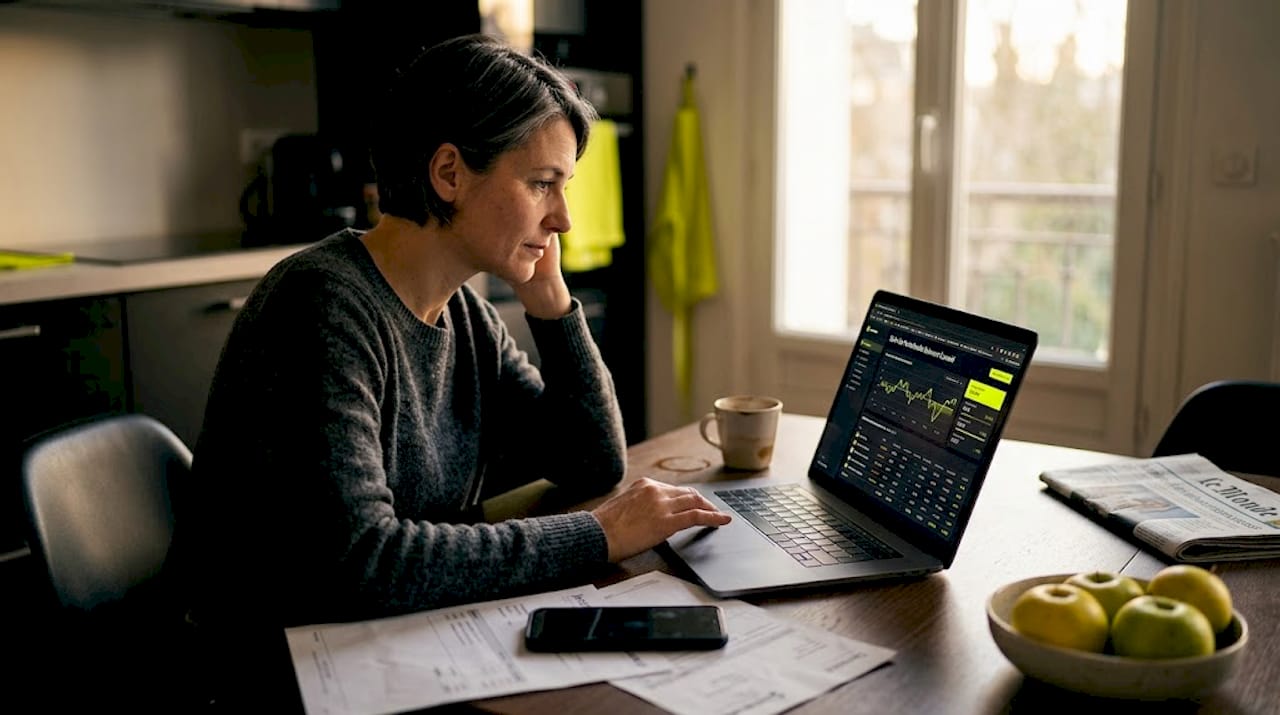 Depuis sa cuisine, une femme pilote ses placements à distance, alliant vie quotidienne et gestion financière.