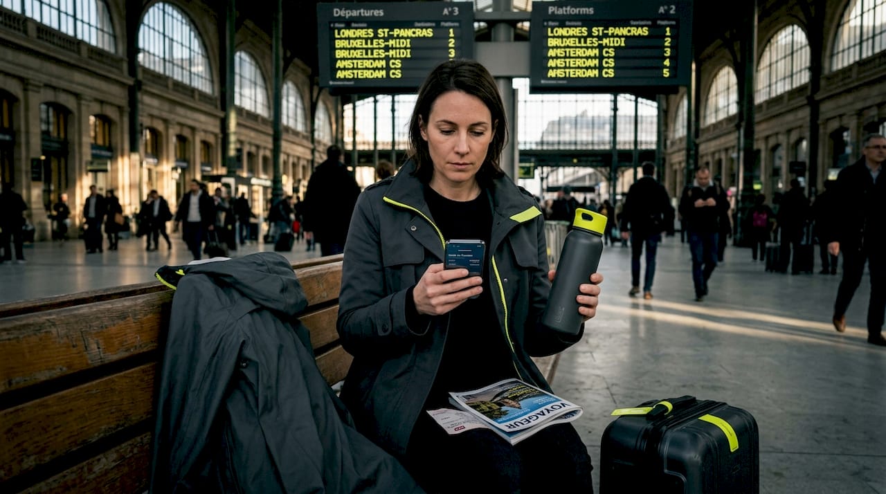 Une expatriée profite d’un moment à la gare pour jeter un œil à ses comptes.