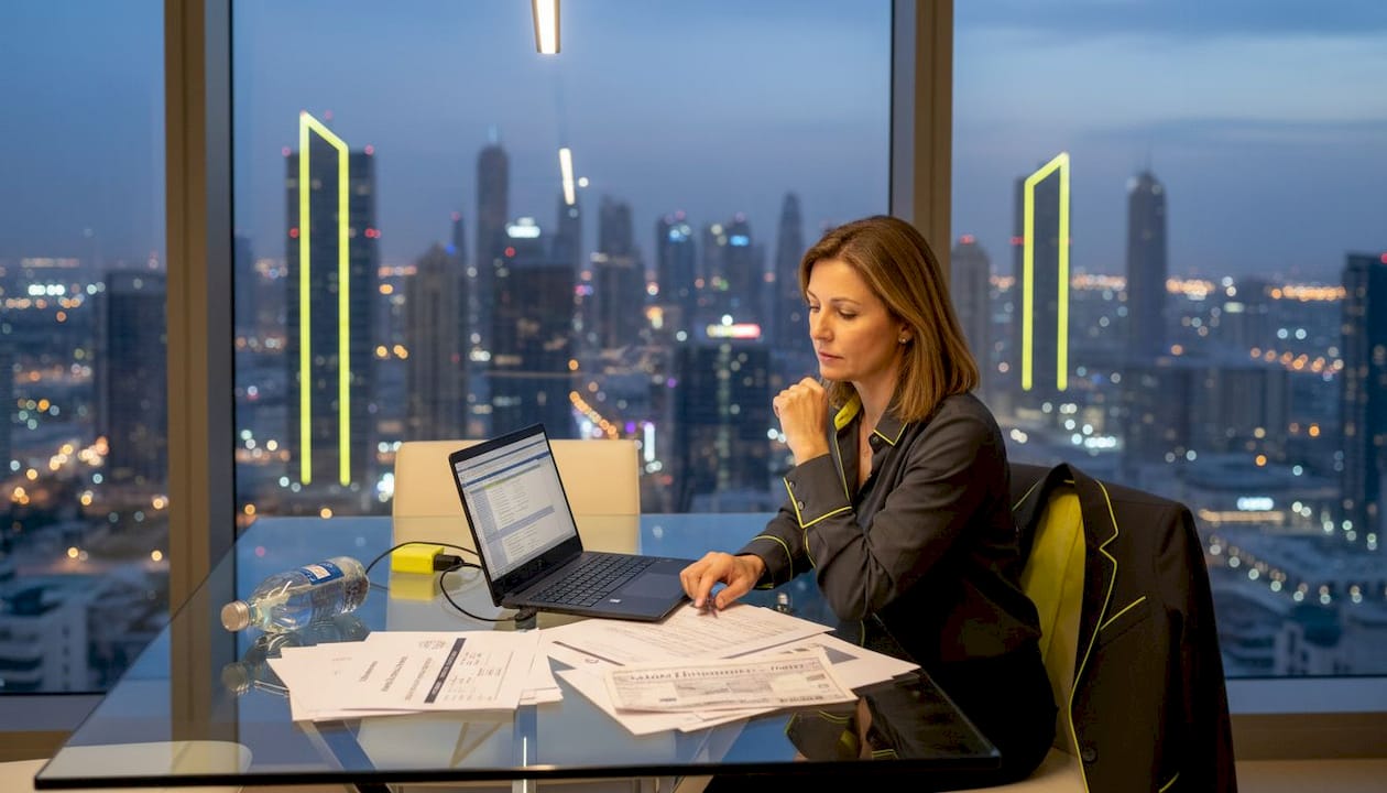 Une femme passe en revue ses documents fiscaux, installée à une table à Dubaï.