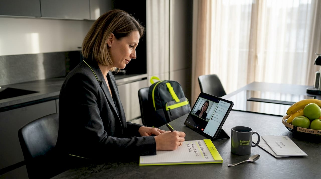 Une femme passe un appel en visioconférence tout en consultant ses documents.