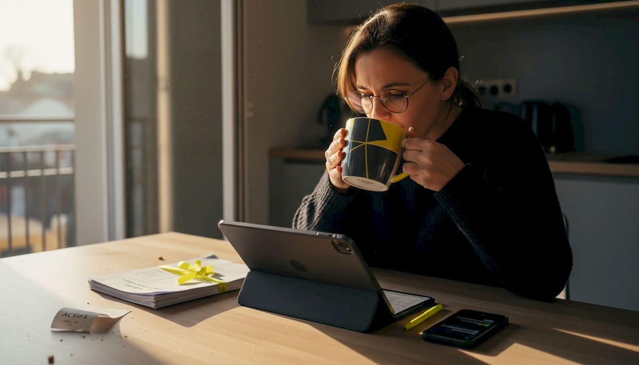Assise à sa table de cuisine, une femme passe en revue ses finances.