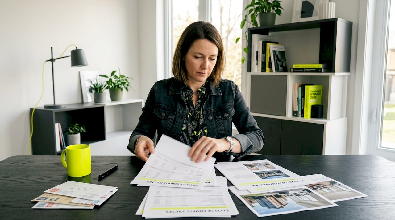 Une femme organise ses documents financiers à son bureau, chez elle.