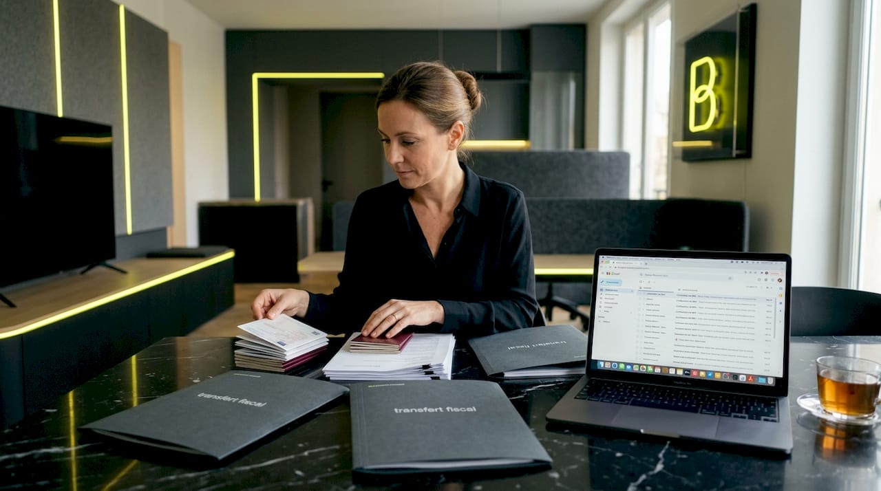 Une femme rassemble les documents nécessaires pour organiser son transfert de résidence fiscale.