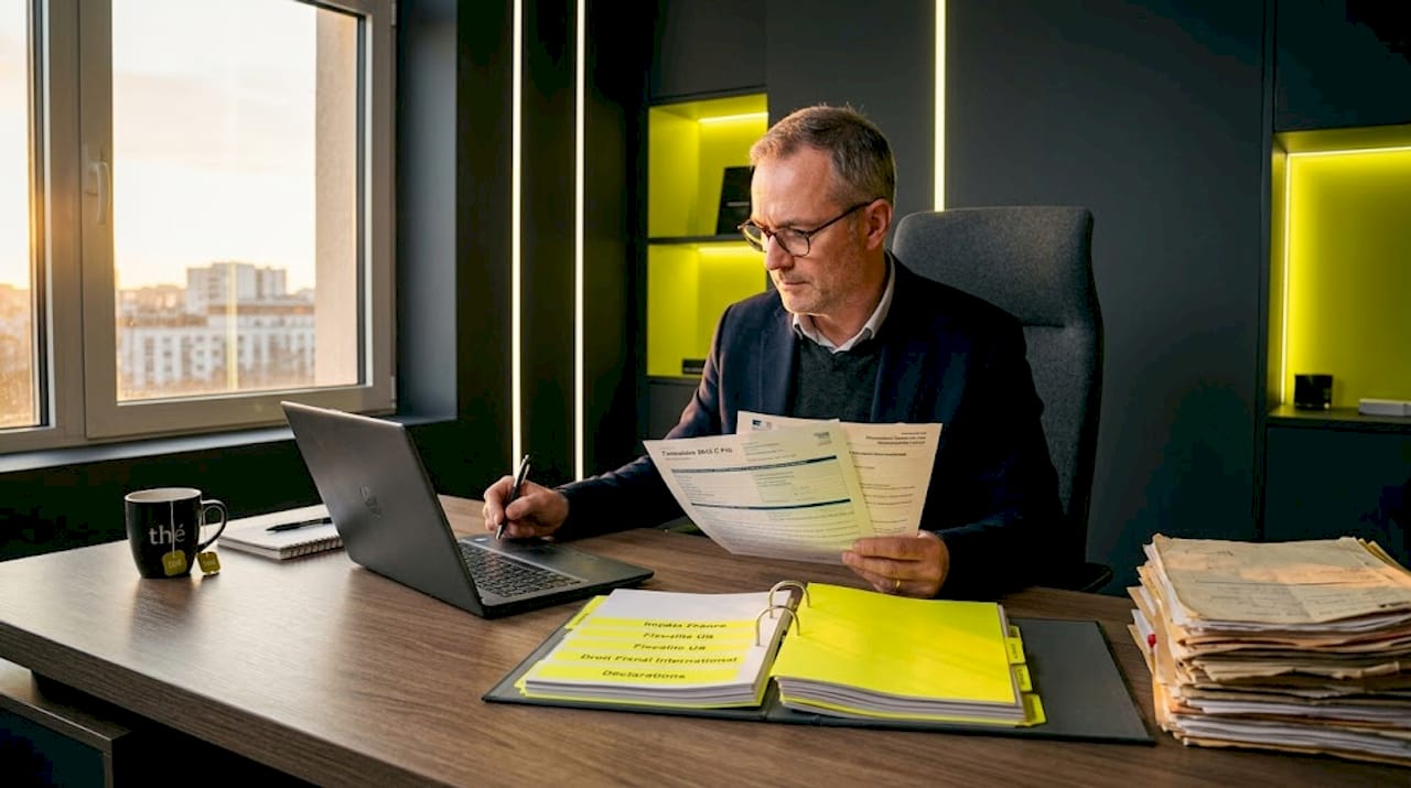 Un homme passe en revue ses déclarations fiscales, installé à son bureau en bois.