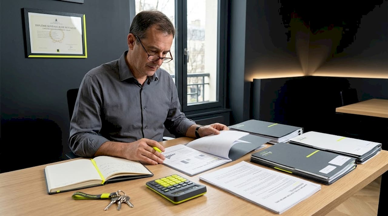 Un notaire examine attentivement les dossiers immobiliers dans son cabinet.
