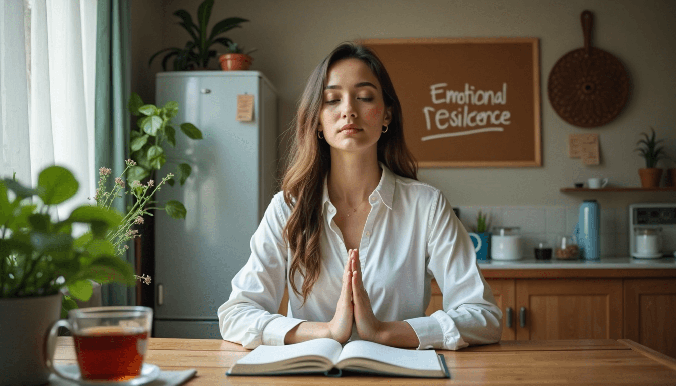 Person meditating at kitchen table with 'Emotional Resilience' note behind