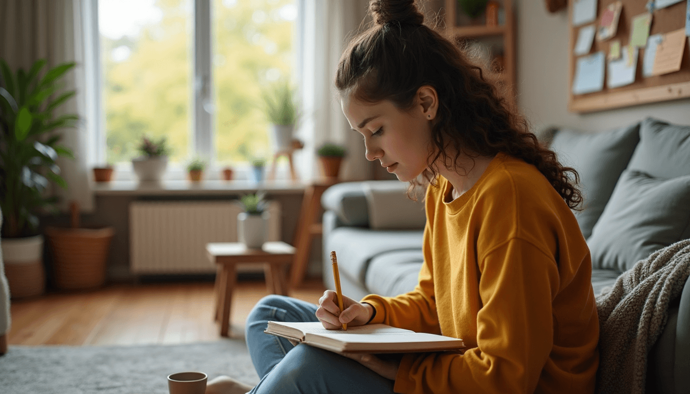 Young adult journaling for resilience in a cozy room with 'Resilience Habits' banner