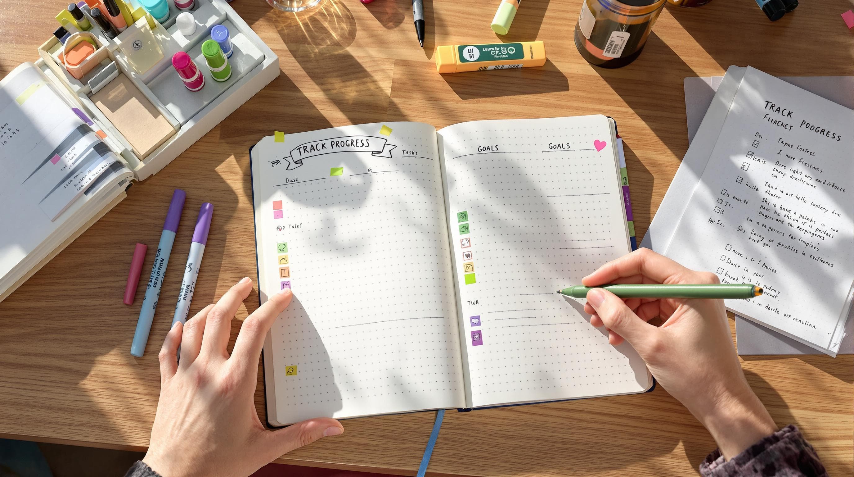 Hands creating bullet journal with 'Track Progress' header in bright setting